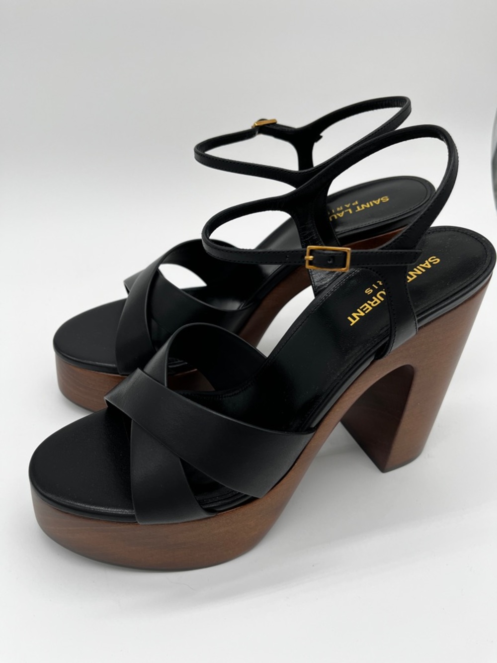 Saint Laurent Bianca Platform Sandals Black Leather Woodgrain heels - US 11 (EU - Picture 5 of 15